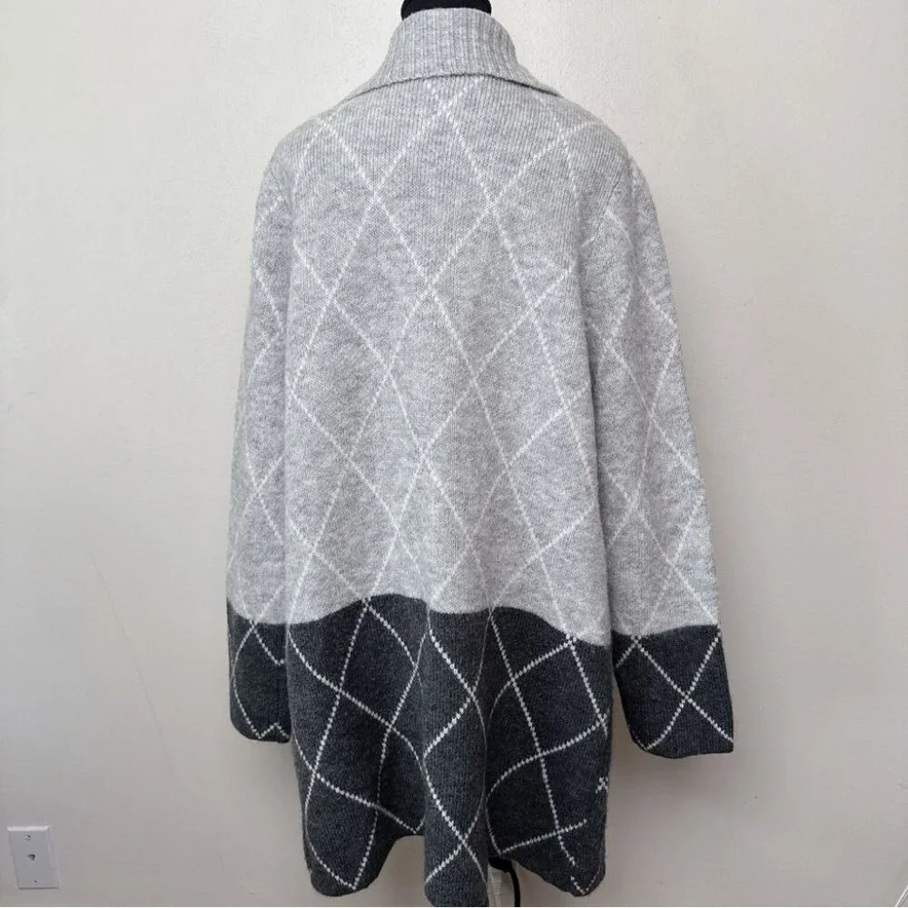 Tahari Womens Xlarge Argyle Long Grey Open Cardigan - Picture 2 of 15